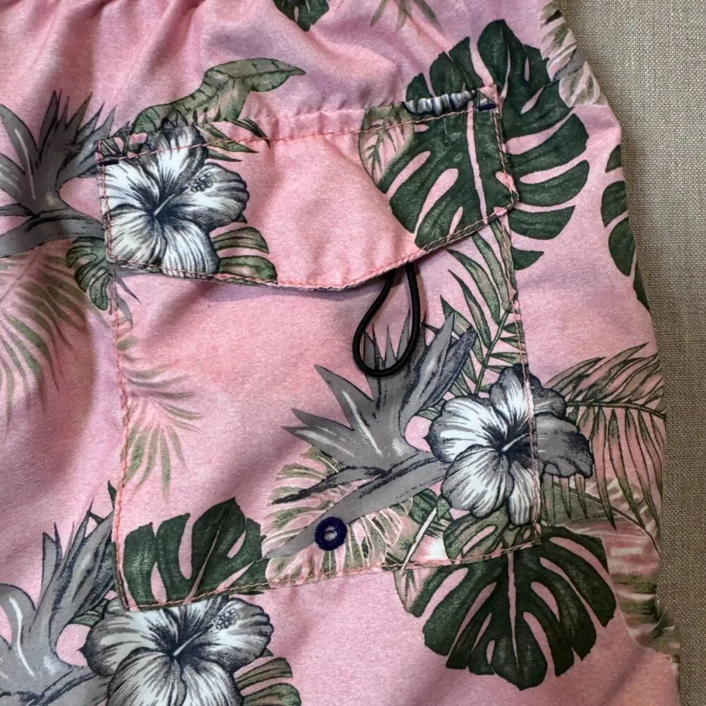 Tommy Bahama Men’s Swim Trunks Medium Pink Tropical Hibiscus Leaf Print